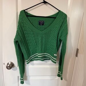 Abercrombie & Fitch Luxe Collegiate Stripe Cable Knit Cropped V-Neck Sweater